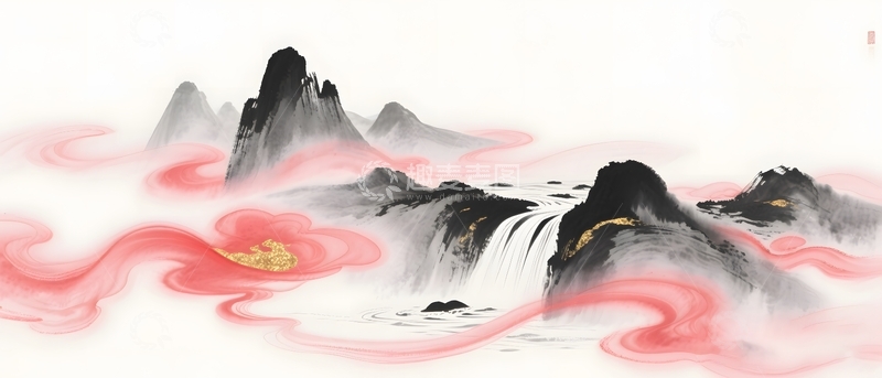 高清大图下载【趣麦麦图】新中式云雾山水插画2