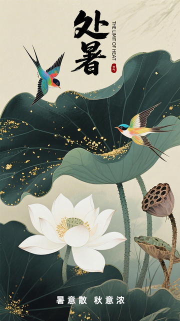 处暑国风节气海报素材大片墨绿的荷叶