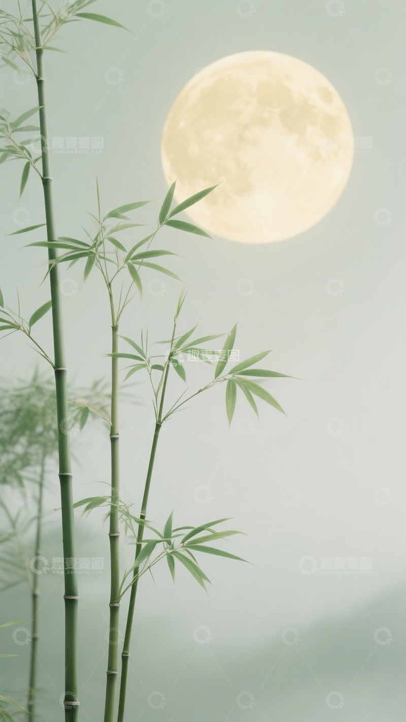 高清大图下载【趣麦麦图】月亮明月竹叶古风氛围感海报背景素材