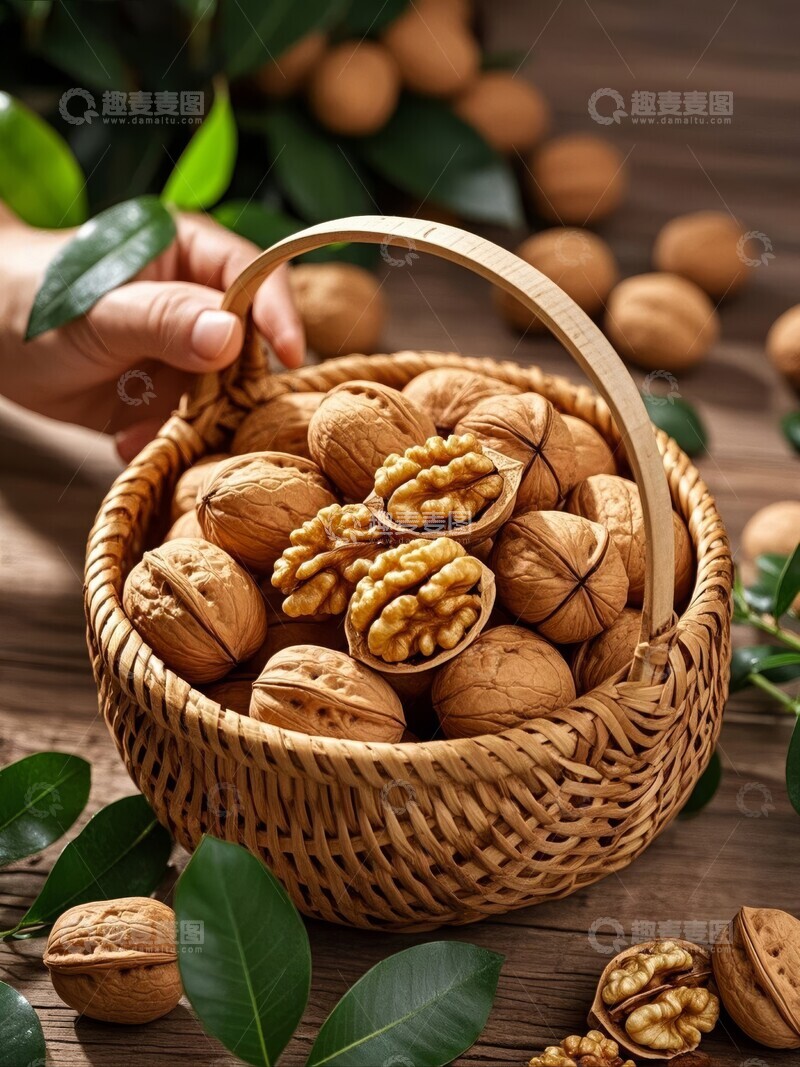 高清大图下载【趣麦麦图】竹篮中的核桃与绿叶装饰