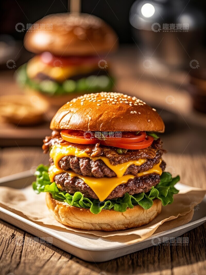 高清大图下载【趣麦麦图】双层芝士汉堡配生菜和番茄