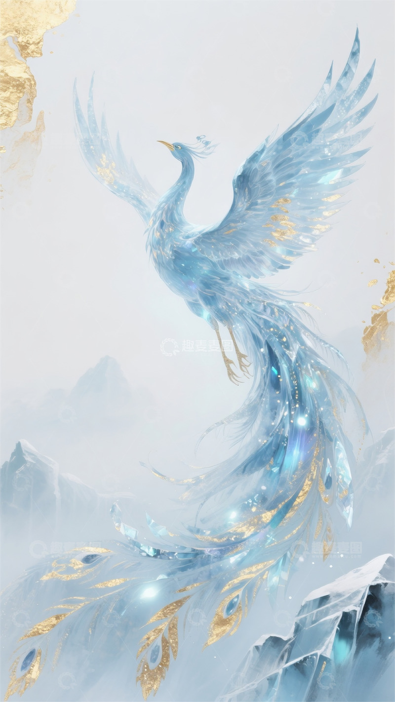 高清大图下载【趣麦麦图】金箔岩彩炫彩水墨画冰凤凰唯美梦幻壁纸1