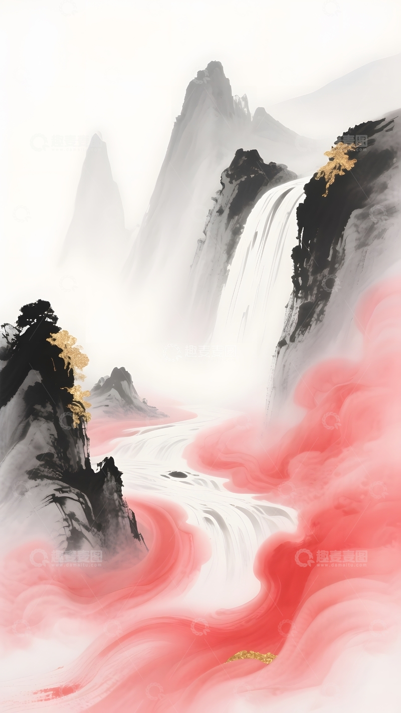 高清大图下载【趣麦麦图】中式瀑布水墨插画