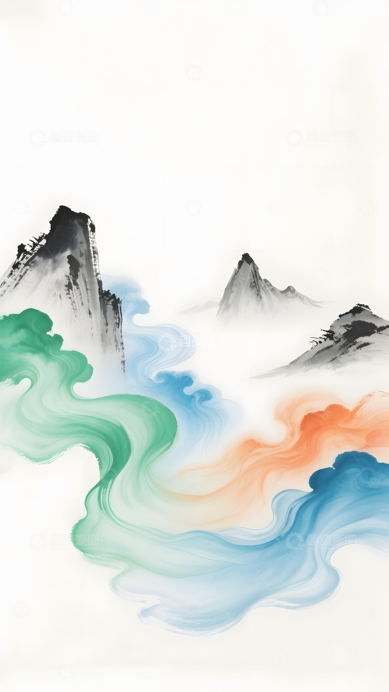 高清大图下载【趣麦麦图】中式绿色水墨插画5