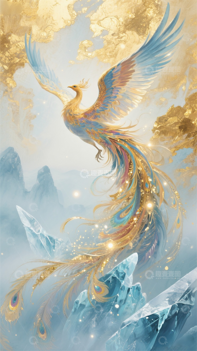 高清大图下载【趣麦麦图】金箔岩彩炫彩水墨画冰凤凰唯美梦幻壁纸5
