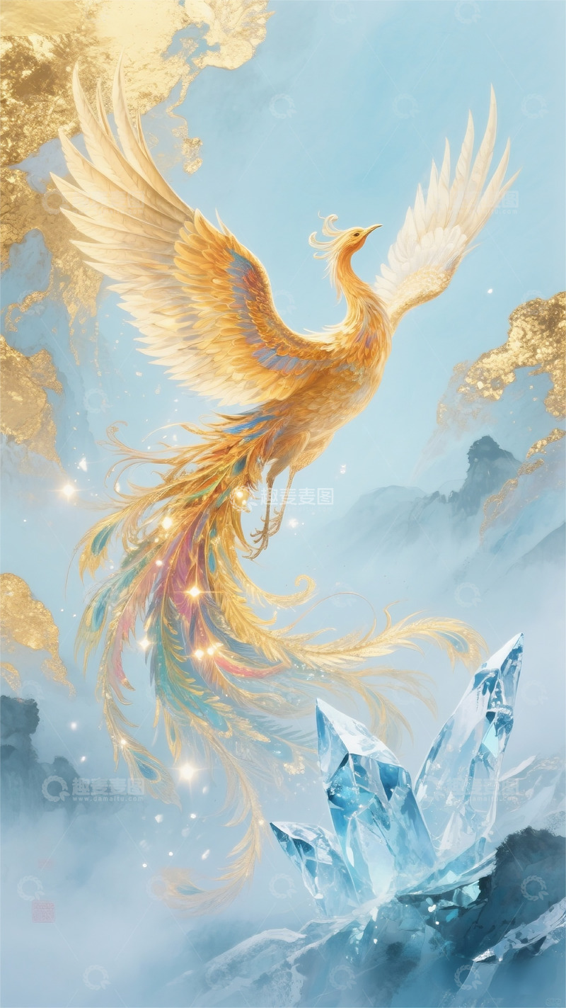 高清大图下载【趣麦麦图】金箔岩彩炫彩水墨画冰凤凰唯美梦幻壁纸4