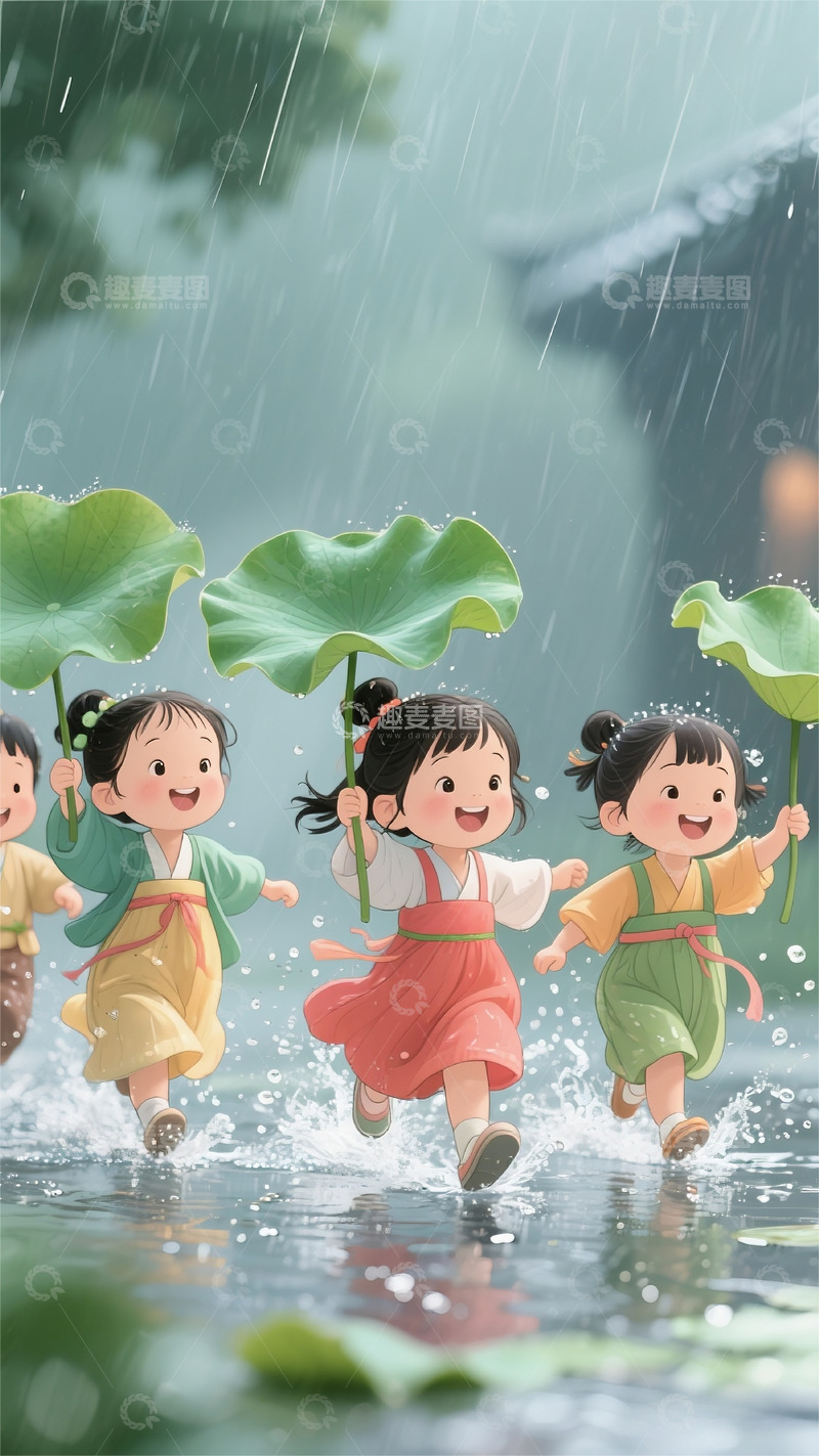 高清大图下载【趣麦麦图】小孩雨中嬉戏夏天荷花荷叶绿色风景