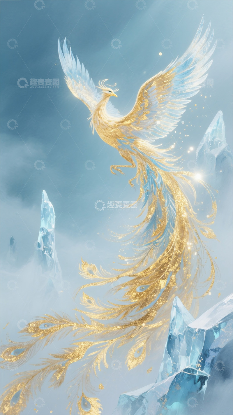 高清大图下载【趣麦麦图】金箔岩彩炫彩水墨画冰凤凰唯美梦幻壁纸2