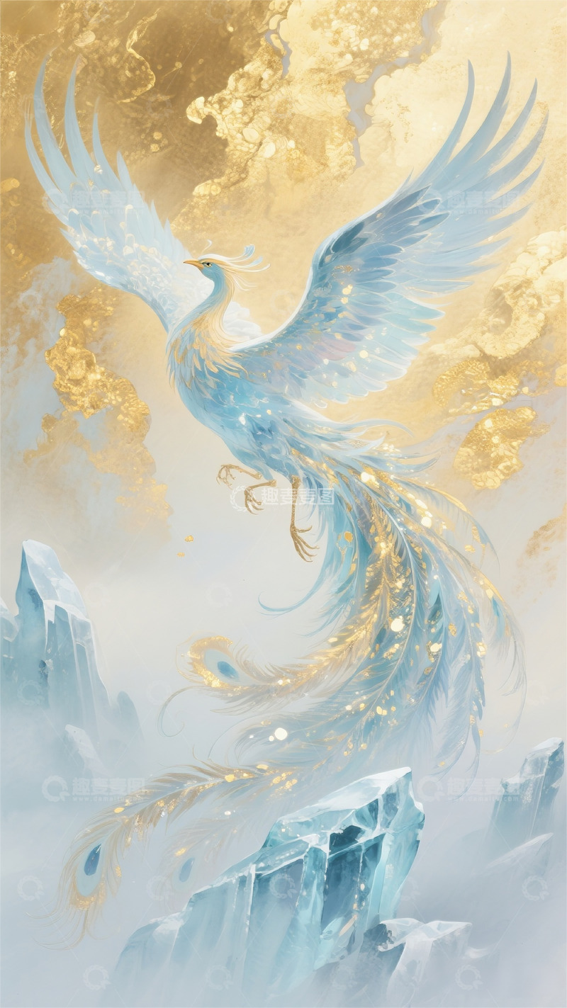 高清大图下载【趣麦麦图】金箔岩彩炫彩水墨画冰凤凰唯美梦幻壁纸3