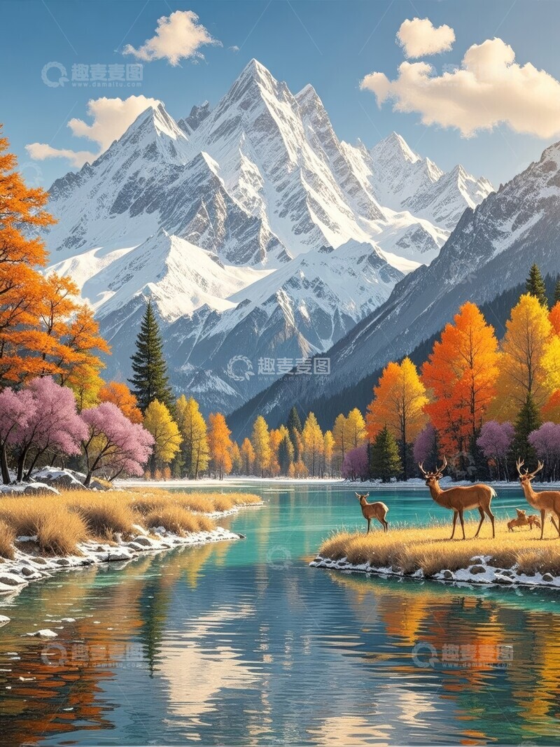 高清大图下载【趣麦麦图】雪山湖畔秋色与鹿群