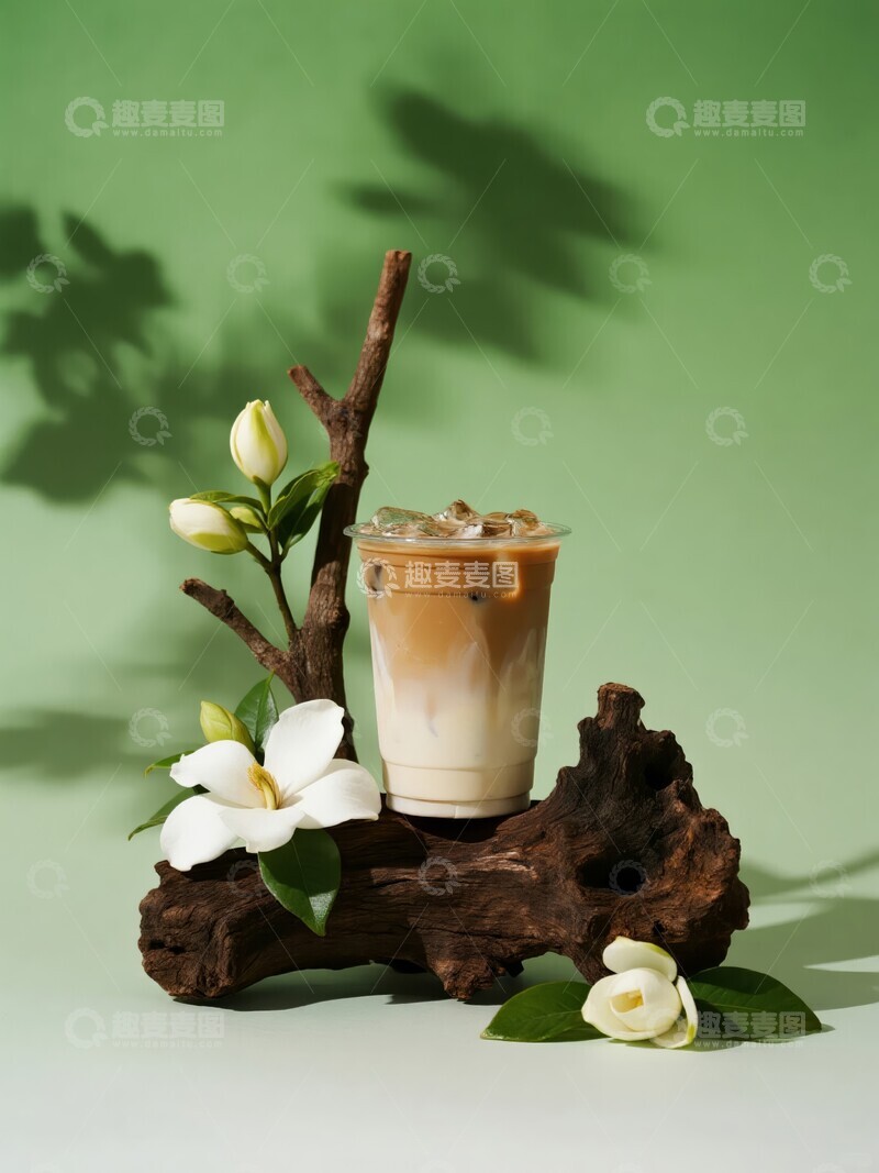 高清大图下载【趣麦麦图】绿色背景奶茶与树木花瓣