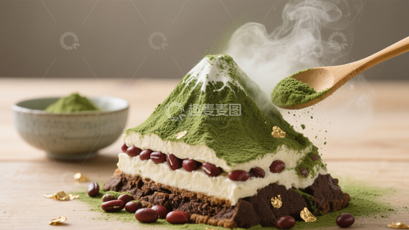 高清大图下载【趣麦麦图】富士山造型抹茶红豆蛋糕1