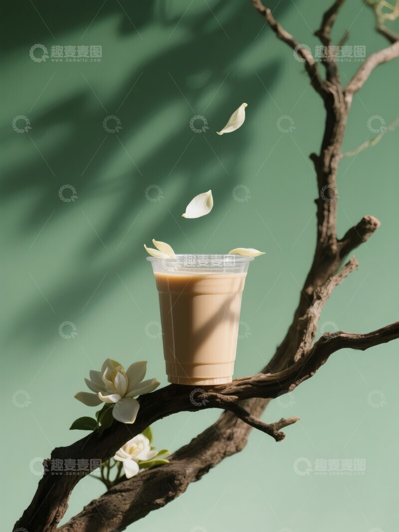 高清大图下载【趣麦麦图】绿色背景奶茶与植物花瓣