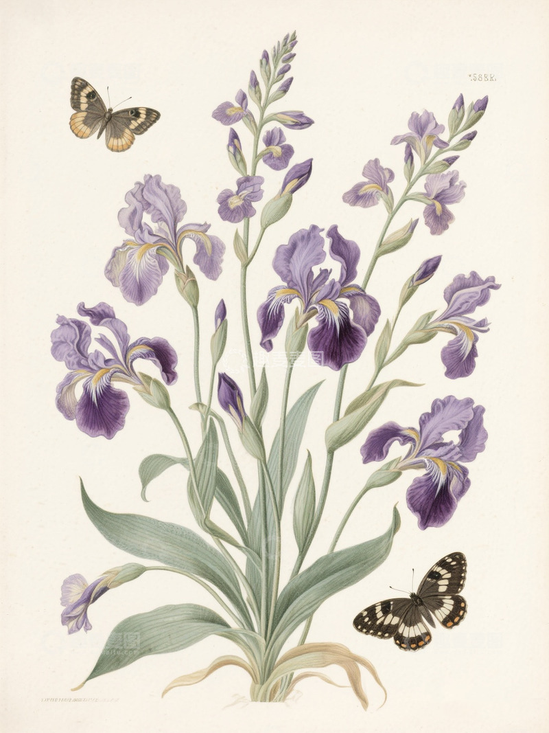 鸢尾花卉蝴蝶插画3