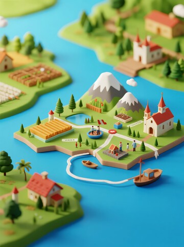 立体地图上的欧洲乡村