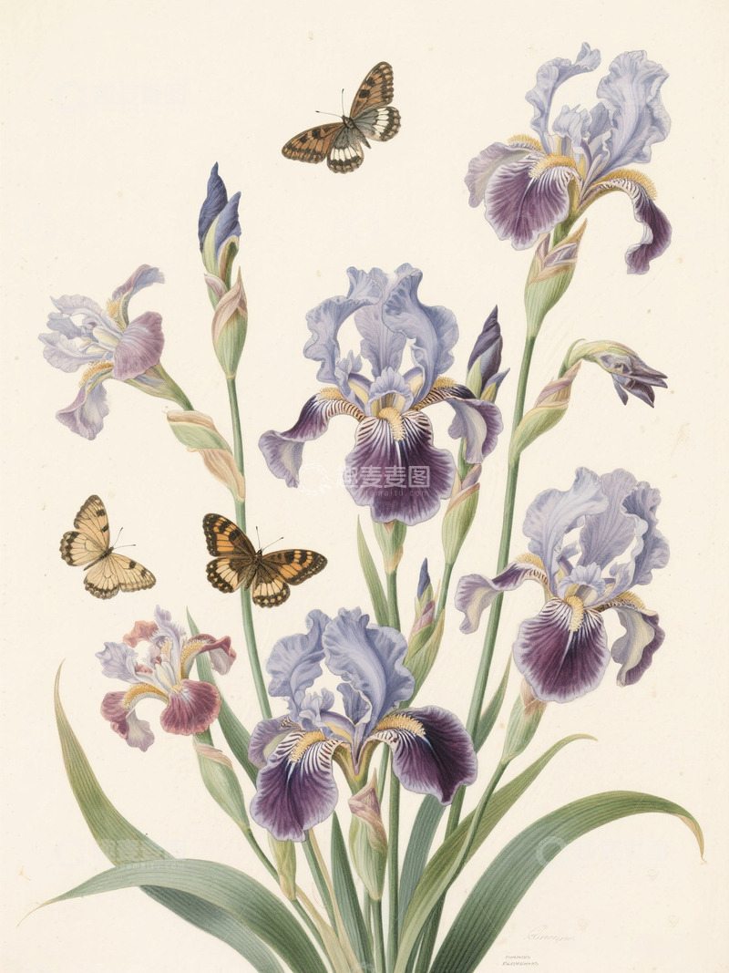 鸢尾花卉蝴蝶插画2