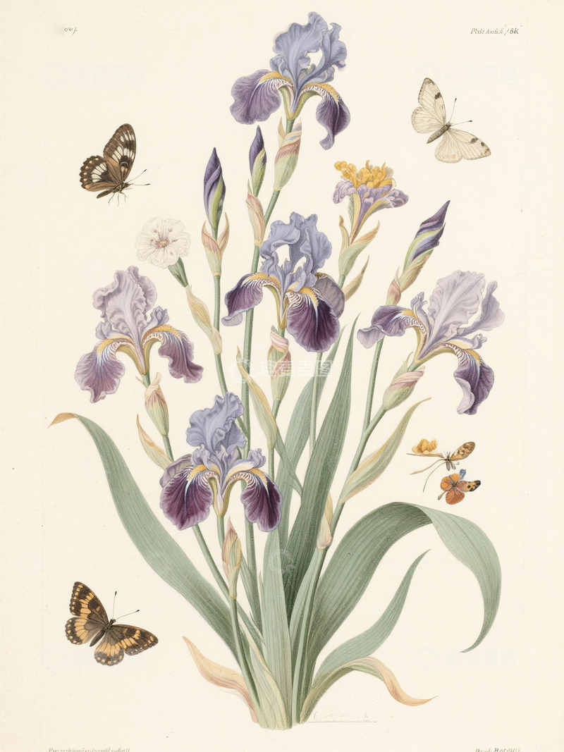 鸢尾花卉蝴蝶插画5