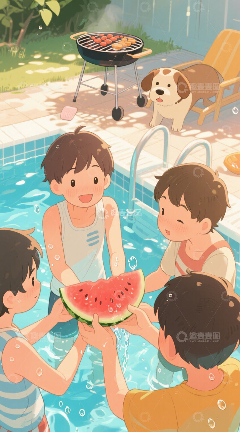 高清大图下载【趣麦麦图】夏日游泳池卡通儿童狗烧烤