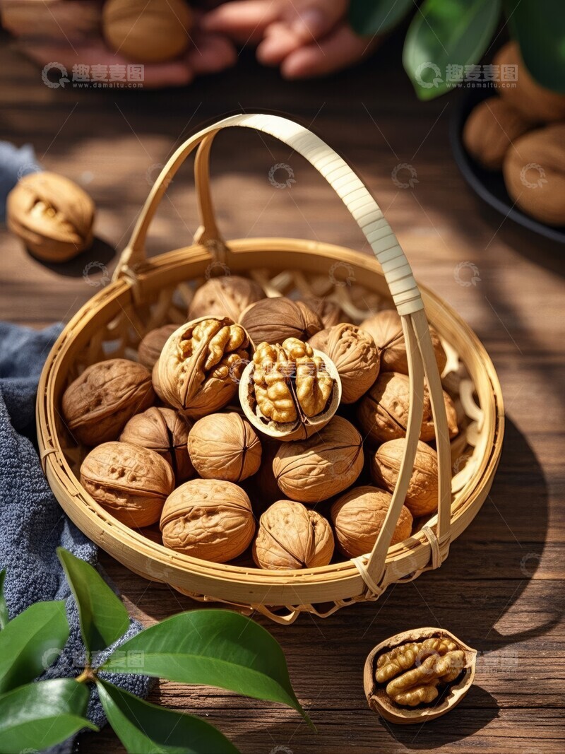 高清大图下载【趣麦麦图】竹篮中的核桃与绿叶装饰