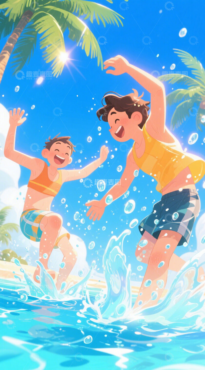 高清大图下载【趣麦麦图】蓝色海边卡通人物夏日玩水