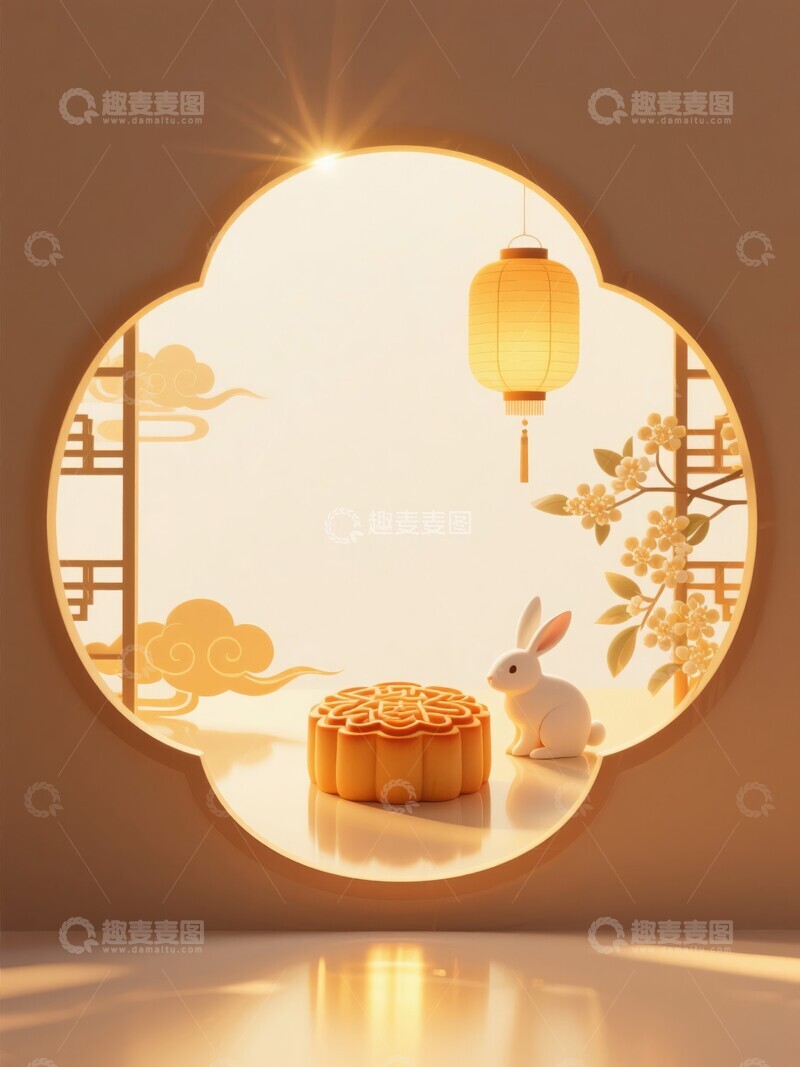 高清大图下载【趣麦麦图】中秋节月饼与玉兔灯笼装饰