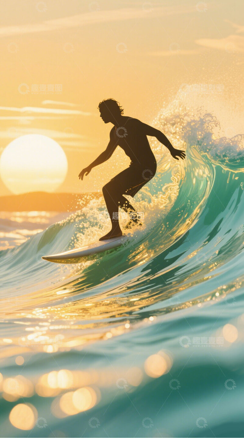高清大图下载【趣麦麦图】金色夏日傍晚冲浪剪影