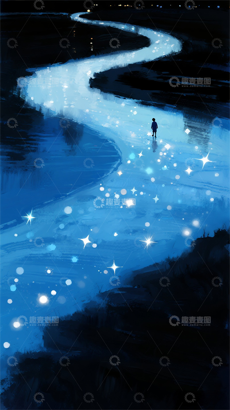高清大图下载【趣麦麦图】夜晚宁静河流星空梦境治愈系插画1