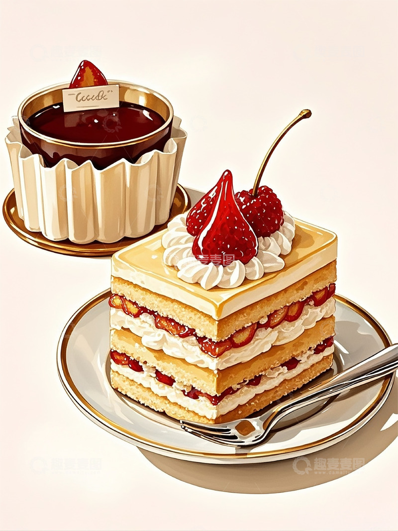 高清大图下载【趣麦麦图】写实手绘甜品西点点心蛋糕4
