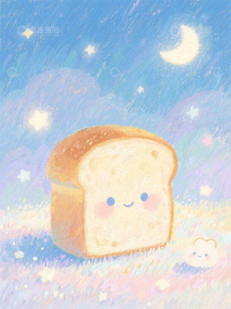 高清大图下载【趣麦麦图】梦幻治愈可爱卡通手绘面包星空夜晚1