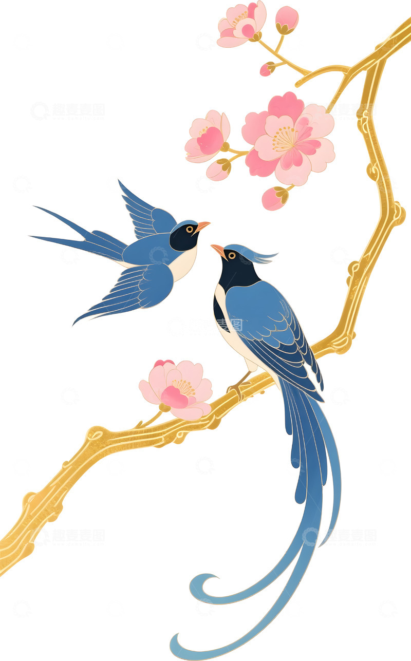 高清大图下载【趣麦麦图】喜鹊花卉中式透明底元素