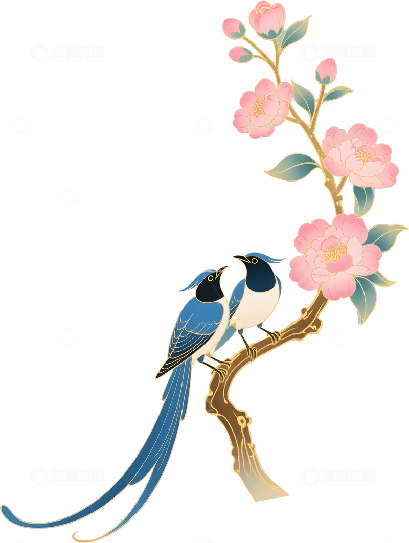 高清大图下载【趣麦麦图】喜鹊花卉国潮插画