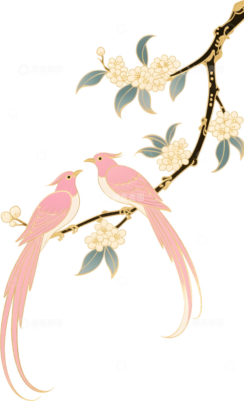 高清大图下载【趣麦麦图】粉色喜鹊桂花插画素材