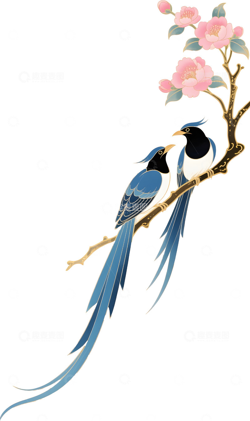 高清大图下载【趣麦麦图】七夕喜鹊花朵国潮插画
