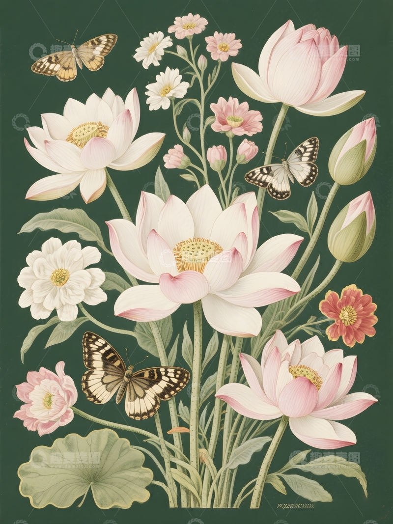 高清大图下载【趣麦麦图】荷花手绘复古艺术插画