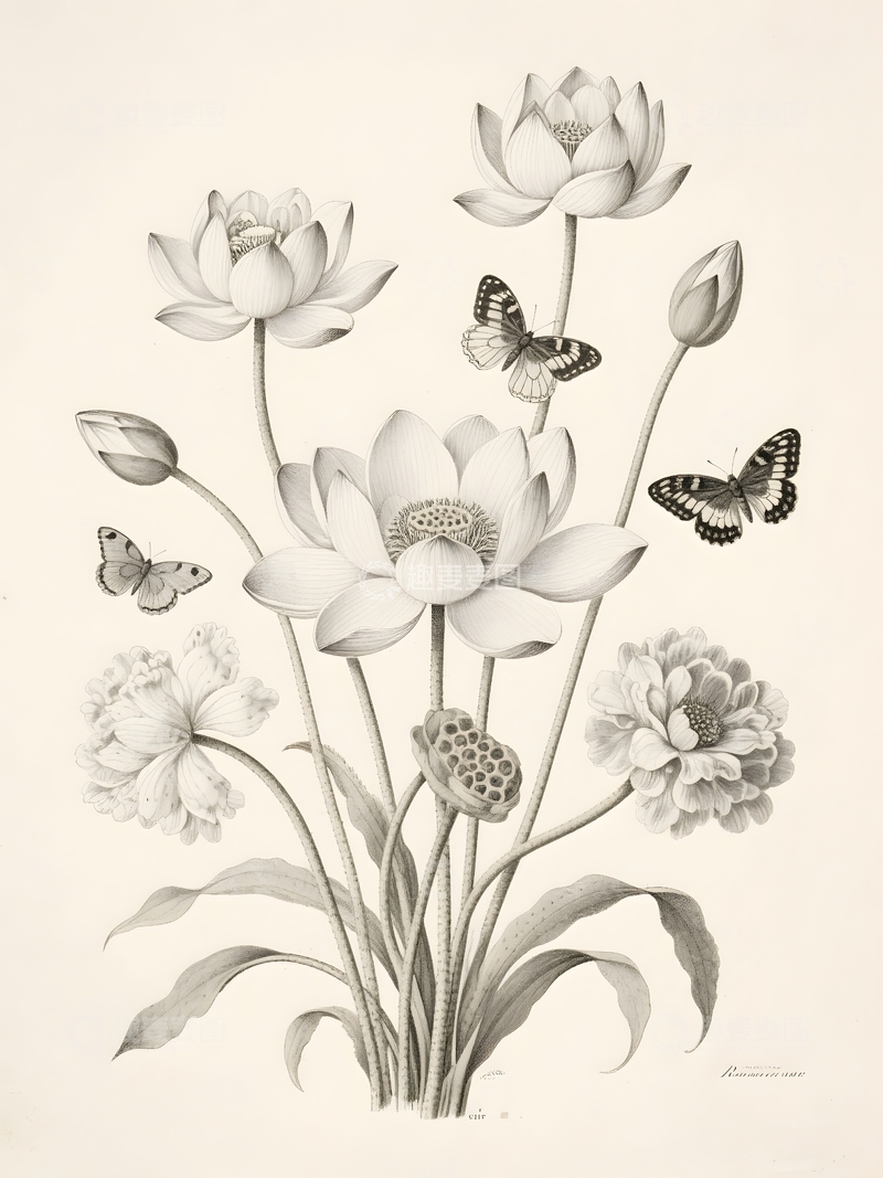 高清大图下载【趣麦麦图】荷花线描艺术插画