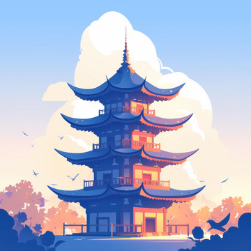 手绘简约古代塔楼建筑