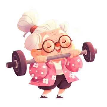卡通简约举着哑铃锻炼的老奶奶