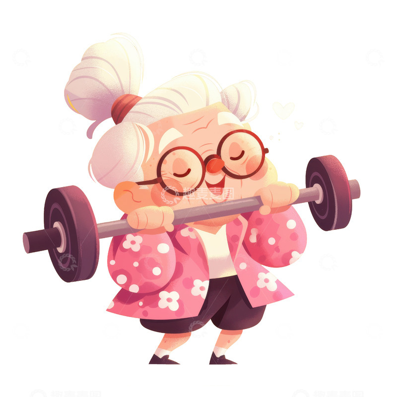 高清大图下载【趣麦麦图】卡通简约举着哑铃锻炼的老奶奶