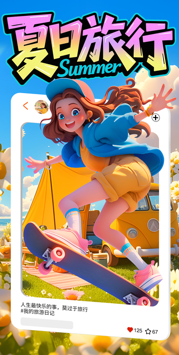 夏日卡通3D旅游海报