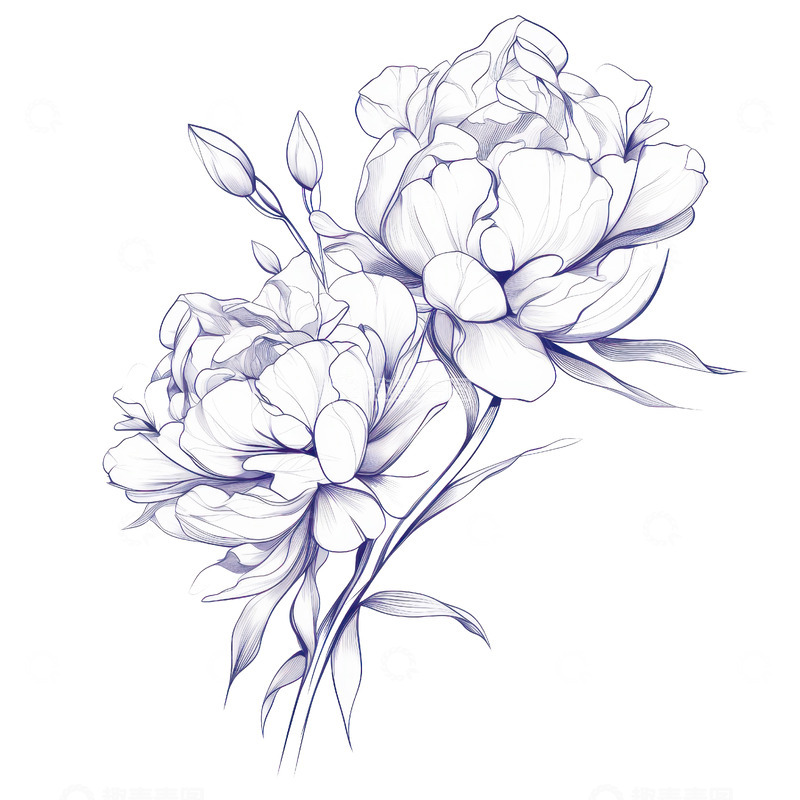 高清大图下载【趣麦麦图】手绘单色牡丹花花卉