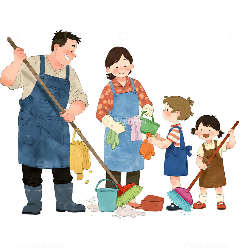 高清大图下载【趣麦麦图】卡通手绘一家人打扫卫生免抠元素3
