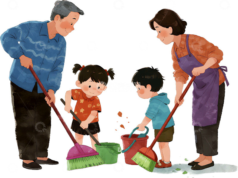 高清大图下载【趣麦麦图】卡通手绘一家人打扫卫生免抠元素2