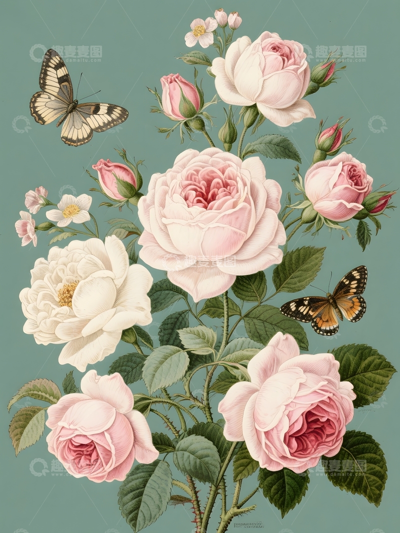 高清大图下载【趣麦麦图】玫瑰花卉蝴蝶插画