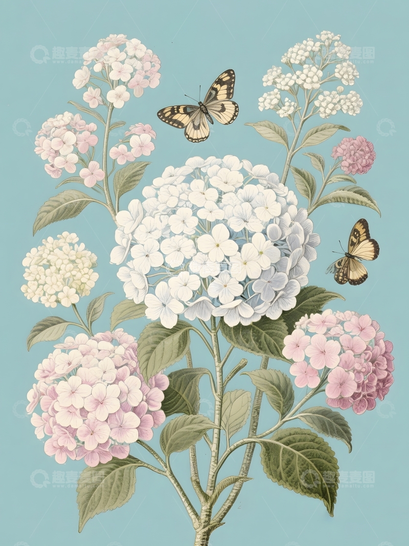 高清大图下载【趣麦麦图】绣球花植物手绘插画