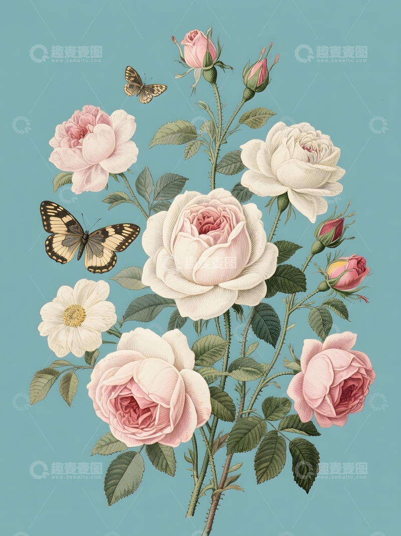 高清大图下载【趣麦麦图】玫瑰花卉蝴蝶插画装饰画