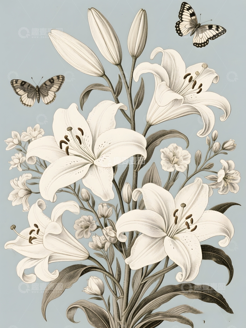 高清大图下载【趣麦麦图】百合蝴蝶插画2
