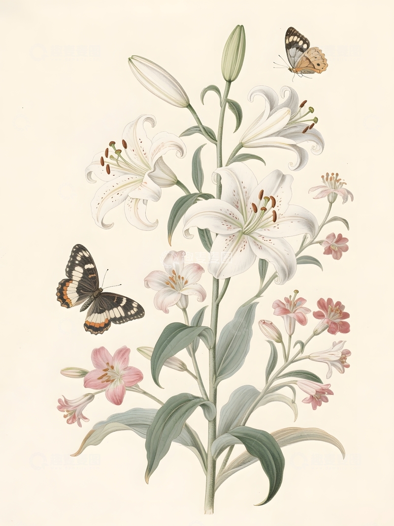高清大图下载【趣麦麦图】百合蝴蝶插画