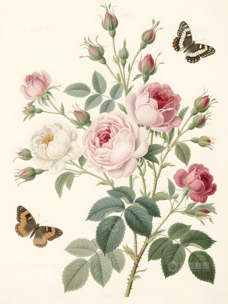 高清大图下载【趣麦麦图】玫瑰花卉蝴蝶艺术插画