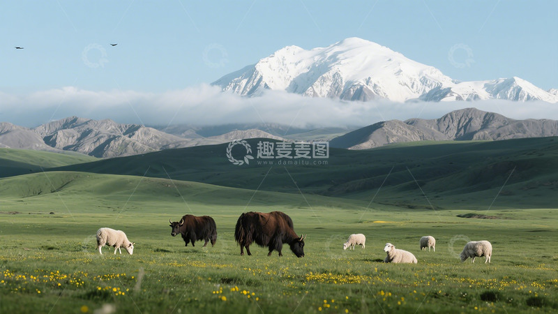 高清大图下载【趣麦麦图】川西蒙古草原雪山牛羊风景画
