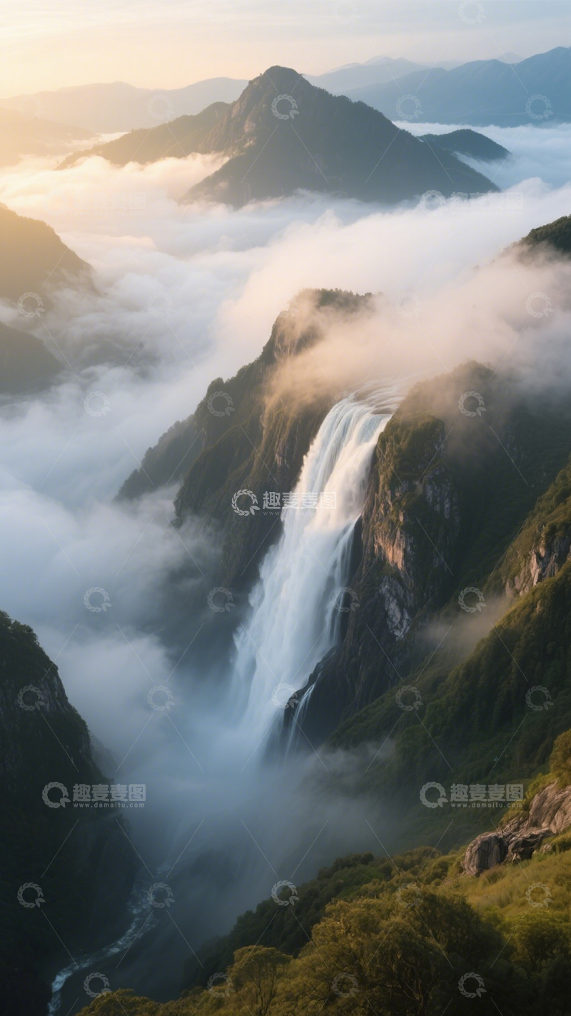 高清大图下载【趣麦麦图】云雾瀑布绕山峦2